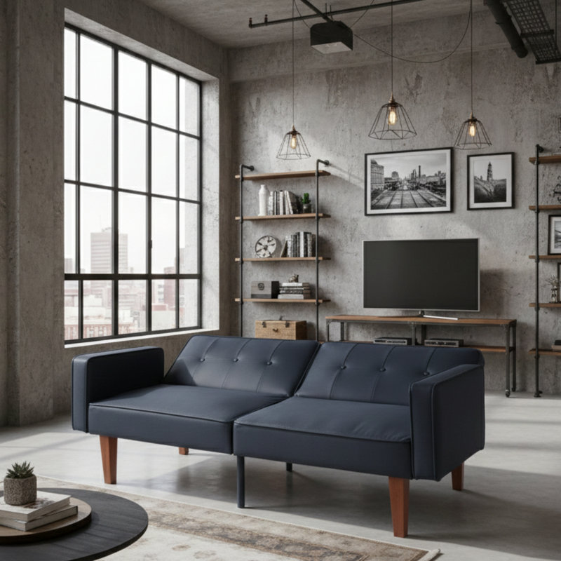 Canapé-lit 68 po Mid-Century, Similicuir gris