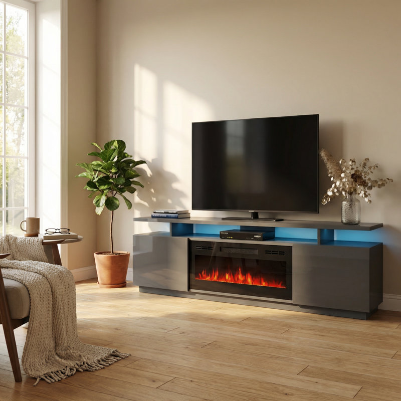 Burkard 71" Modern TV Stand with Electric Fireplace, High Gloss Finish, Media Storage, Gray