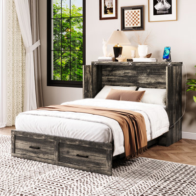 Armoire de lit double pliable avec station de charge et tiroir de rangement, gris rustique, option peu encombrante pour les espaces invités dans les maisons compactes
