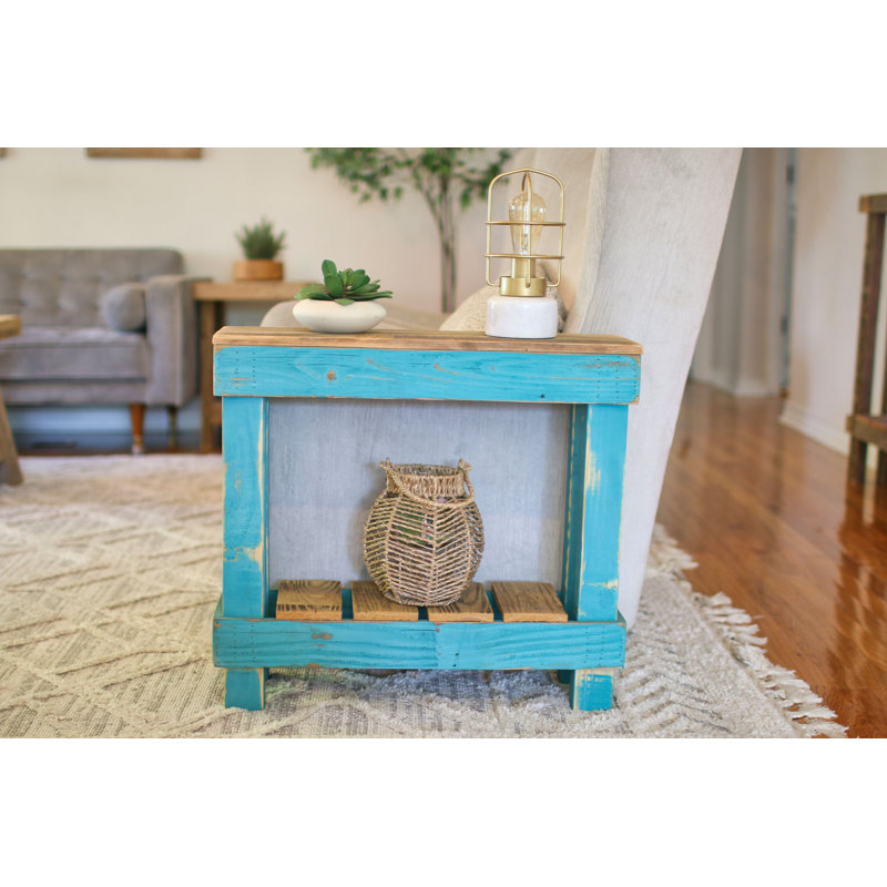 Table d'appoint Cottage - Table d'appoint en bois récupéré avec finition peinte turquoise et dessus en bois naturel