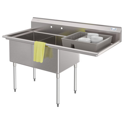 Évier commercial de 63 po à 2 compartiments de calibre 18 avec dosseret et égouttoir à droite de 24 po, dimensions du bol 18 po x 24 po x 14 po en acier inoxydable (km-SB182414-24R3)