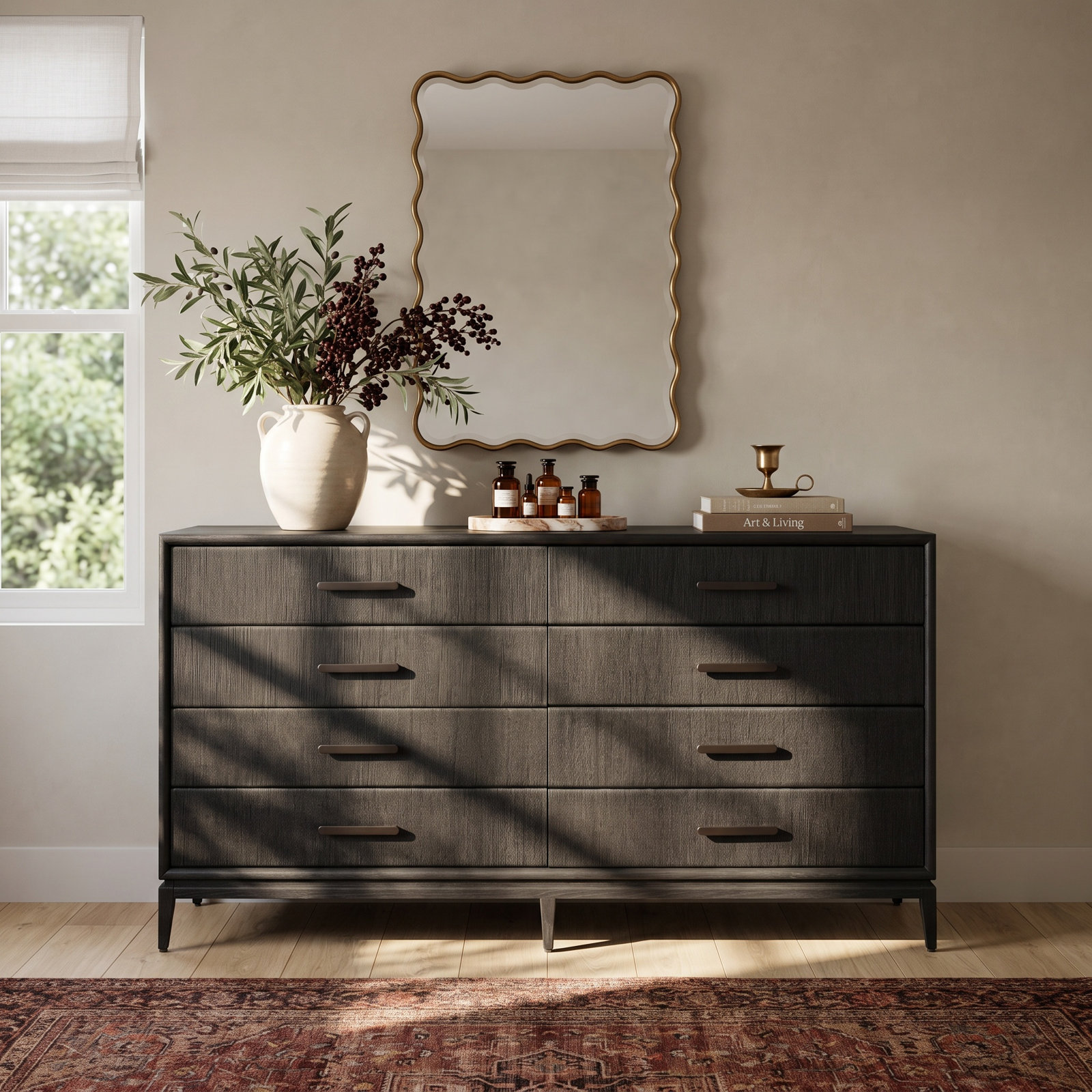 70" Oak 8-Drawer Dresser, Black Oak Veneer