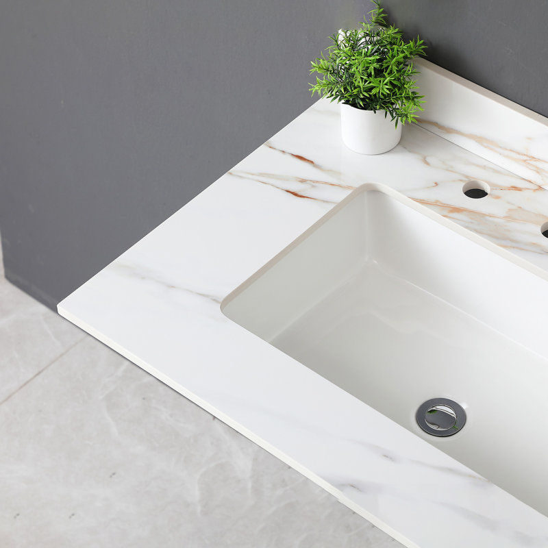 31" Vanity Top - White With Undermount Rectangular Sink & 4" Backsplash 31 Inch Basin For Bathroom, 8" Centers