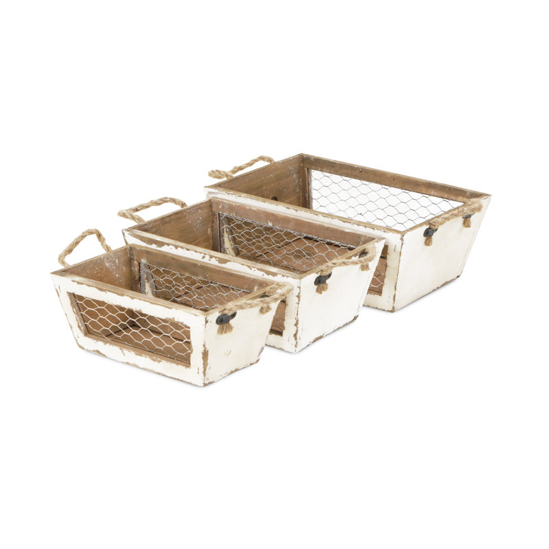 Irona Set of 3 Tapered Wood & Wire Crates - White, Gray