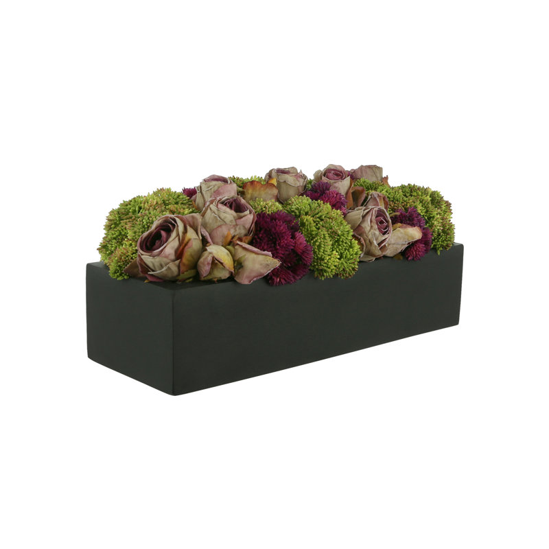 Assorted Sedum and Roses in Fiberstone Planter