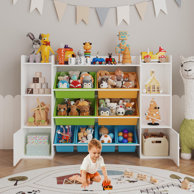 Kids Toy Storage Organizer & Bookshelf with 8 Removable Bins | 6 Cubbies & Tiered Shelves for Playroom, Bedroom, Nursery, Study & Kindergarten