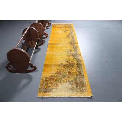 Handmade Turkish Runner Rug in Vibrant Yellow for Corridor and Kitchen Decorative Use
