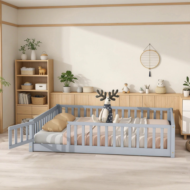 Full Size Floor Bed With Safety Guardrails And Door, Ideal For Kids' Play And Sleep In Compact Spaces, Grey, Gray, Full