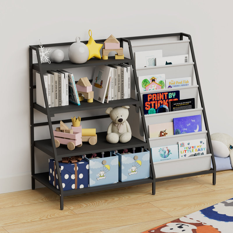 Johnson Metal Book Display, Bookshelf And Toy Storage Organizer - 4 Tier Book Shelf, Black/White