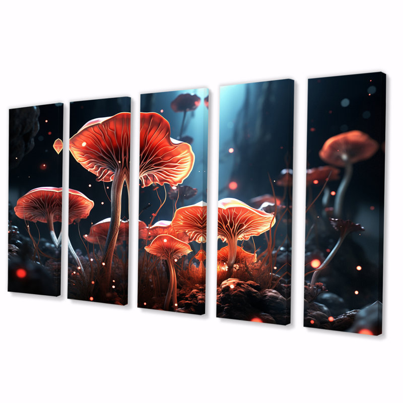 Champignons magiques qui brillent dans la forêt de minuit - salon d'art mural champignon - 5 panneaux égaux