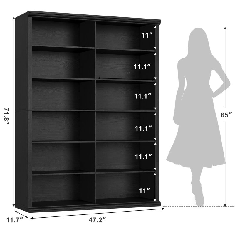 72" H x 47.2" W Wood Double 6-Tier Bookcase, Black