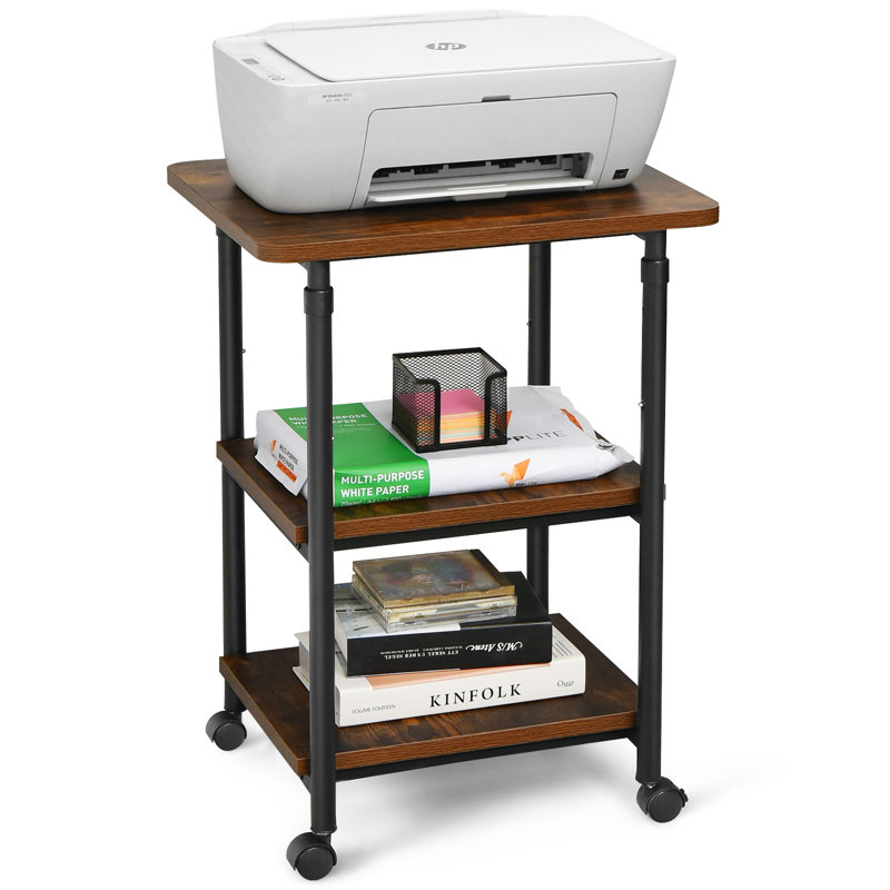 Brown Adjustable 3-Tier Rolling Printer Cart with Steel Frame