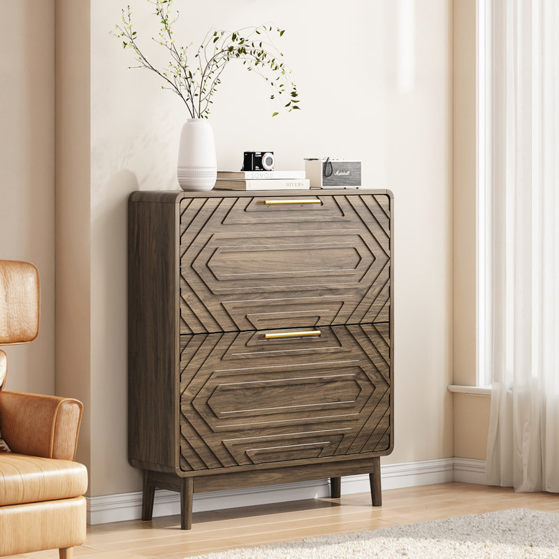 Rangement pour chaussures autoportant de 31,5 po style Mid-Century moderne en noyer de conception pour l'entrée, deux tiroirs rabattables, support ouvert, vestibule de construction avec et mix, 2 tablettes,