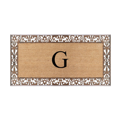 Dyari Natural Coir & Rubber Paisley Border Monogram Non-Slip Door Mat, 30"x60", Bronze, Heavy-Duty Low-Profile Outdoor Front Porch