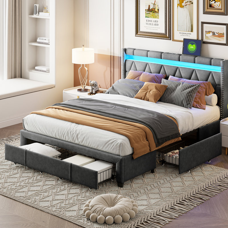 Dayshaun Upholstered Storage Bed, in Grey, 173 x 213cm