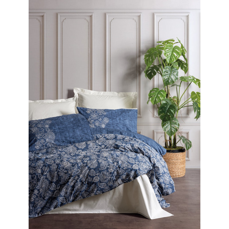 Ensemble de housse de courtepointe 100% coton Ranforce, beige et bleu foncé, 78,7 po x 78,7 po | Comprend 2 taies d'oreiller de 31,5 po x 31,5 po | Lavable à la machine, 145 fils, impression élégante de pigment, fermeture à boutons durable