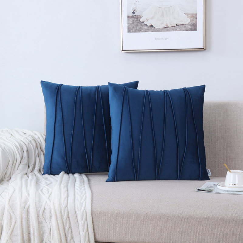 Housse de coussin plissée carrée en velours de polyester, 20 po x 20 po, Bleu marine