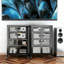 Armoire de rangement multimédia haute 35,8 po avec roulettes, meuble télé stéréo AV avec 4 tablettes et porte réglables en verre, structure en acier robuste pour le salon, assemblage facile