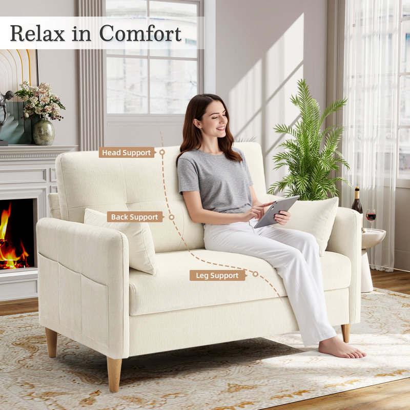 George 47’’ Chenille Tufted Loveseat Sofa With 2 Pillows And Storage Pockets Couches, Beige