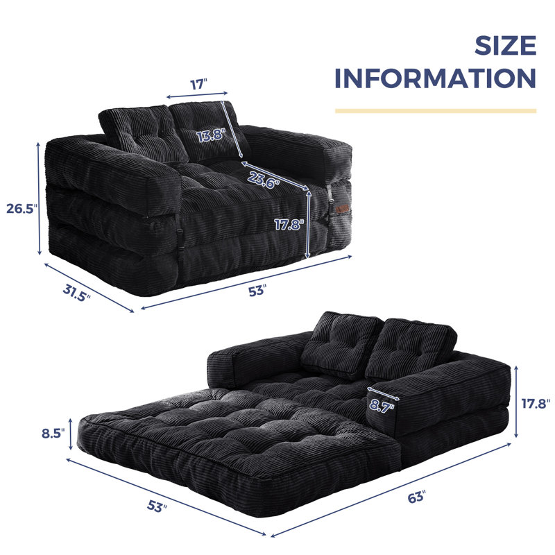 Gaint Folding Sofa Bed,U-Shaped Convertible Compression Bean Bag Sofa Bed, Black