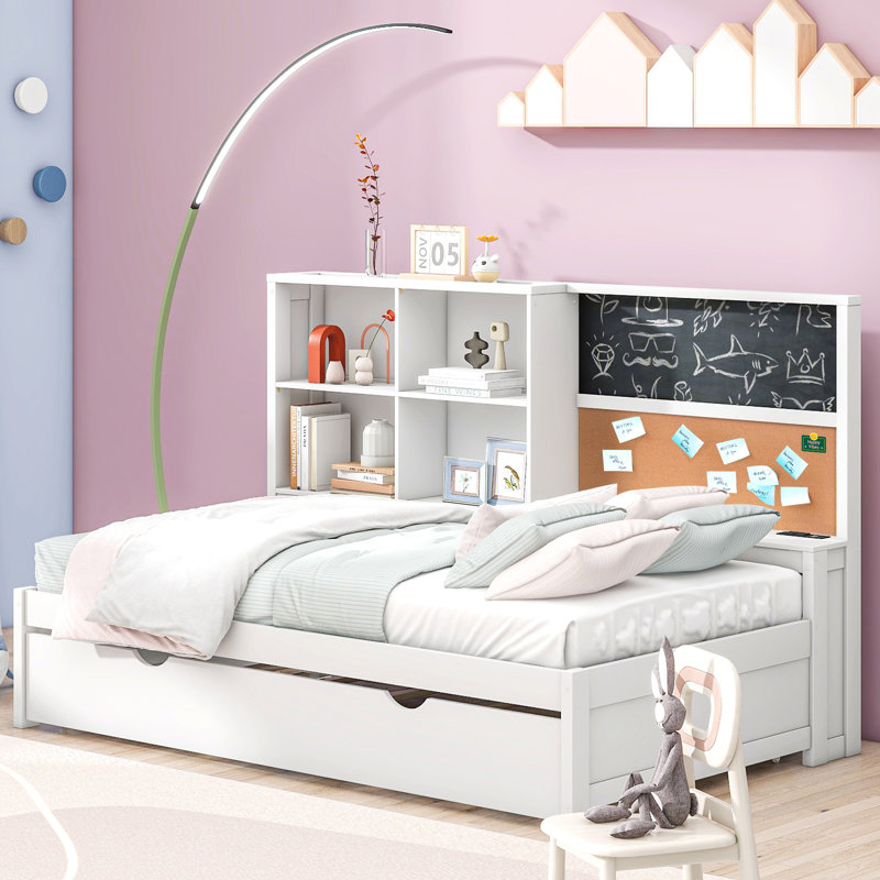 Twin Daybed with Trundle, Storage Shelves, Blackboard, Cork Board & USB Ports, White, Space-Saving Kids Bed