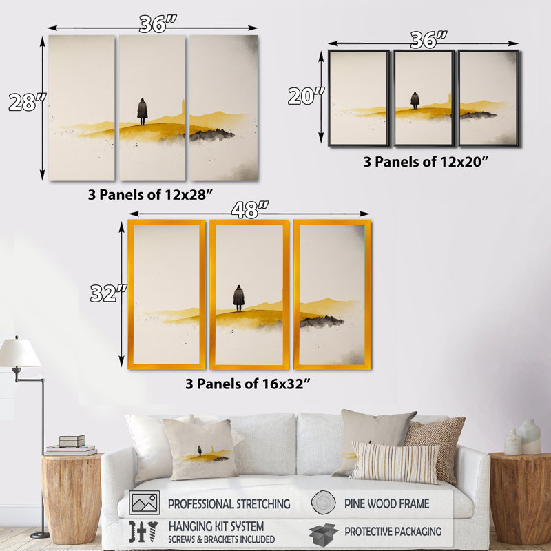 Solitude en jaune moutarde et gris Solitude en jaune moutarde et gris - 3 pièces sur toile, H 32 po x l 48 po x P 1 po