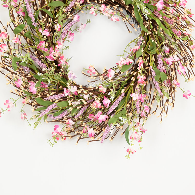 Couronne de porte artificielle 24 po de style champêtre, Rose