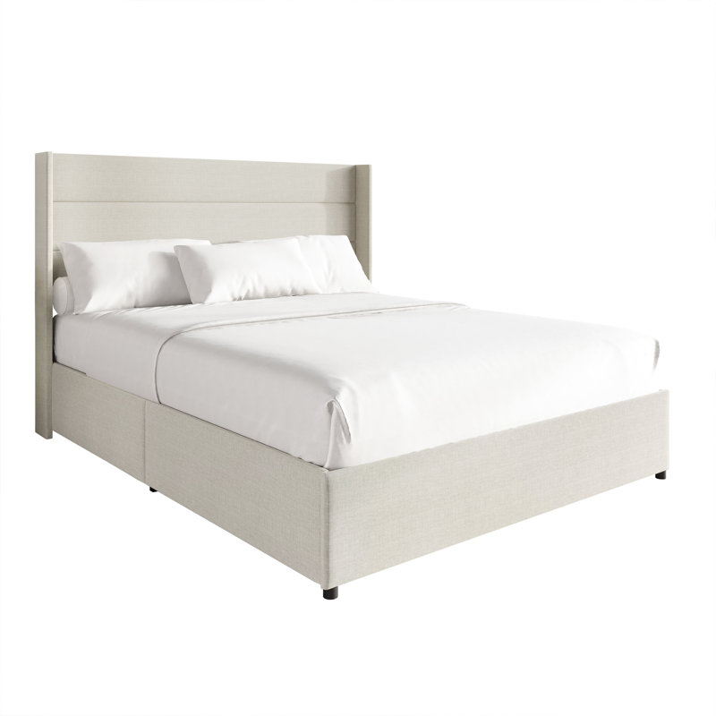 KING SIZE WINGBACK PLATFORM LIFT UP STORAGE BED IN BEIGE LINEN, KING, BEIGE