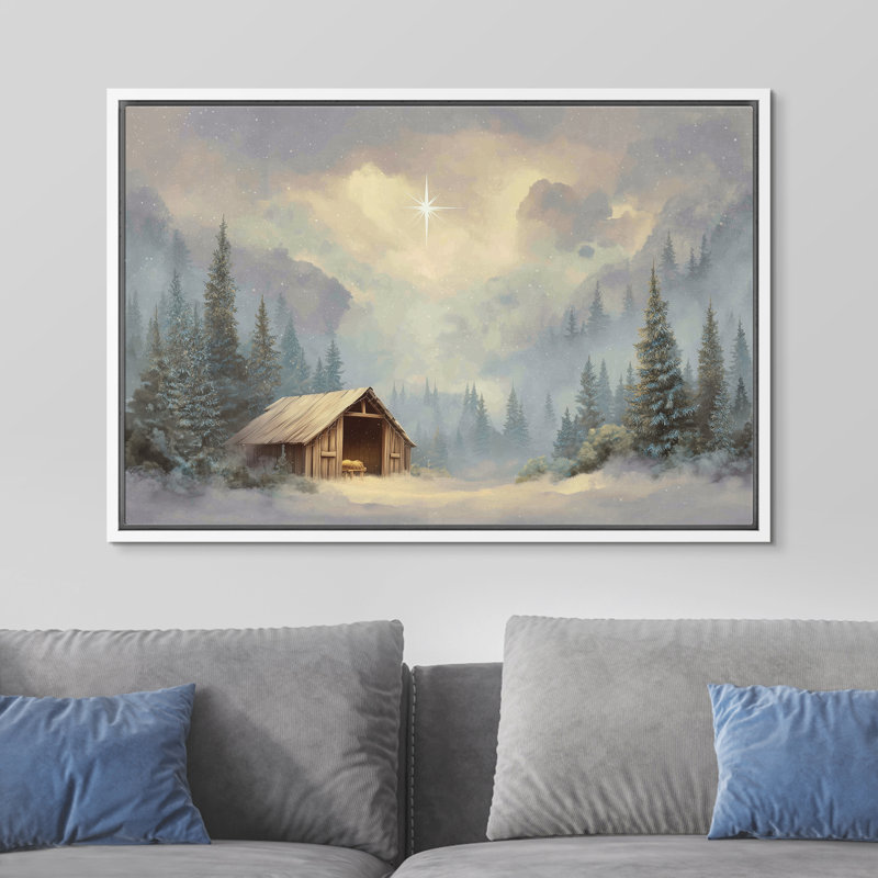 «Snowy Barn Starry Night», chambre à coucher religieuse, décoration murale, chalet d'hiver, H 16 po x l 24 po, Blanc