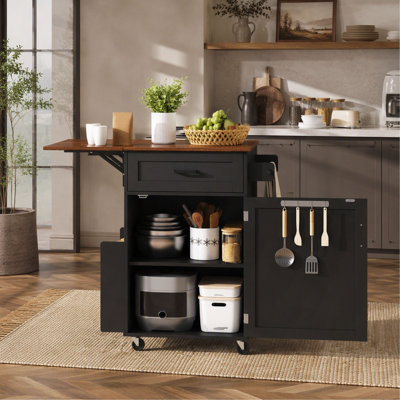 Îlot de cuisine K&K de style ferme de 100 cm avec abattant, îlot de rangement avec tablette latérale ouverte, tiroir, porte-serviettes, chariot de cuisine roulant avec roues verrouillables pour pelouse et jardin.