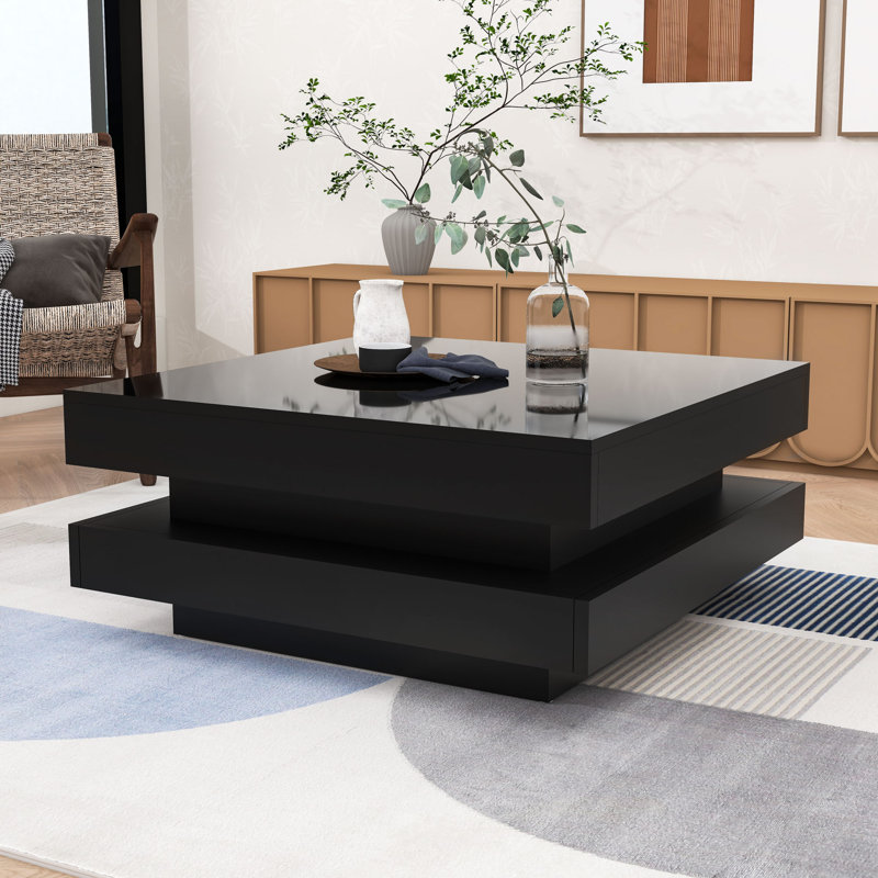 Table basse minimaliste géométrique avec lumière DEL, finition brillante et rangement pour le salon, Noir