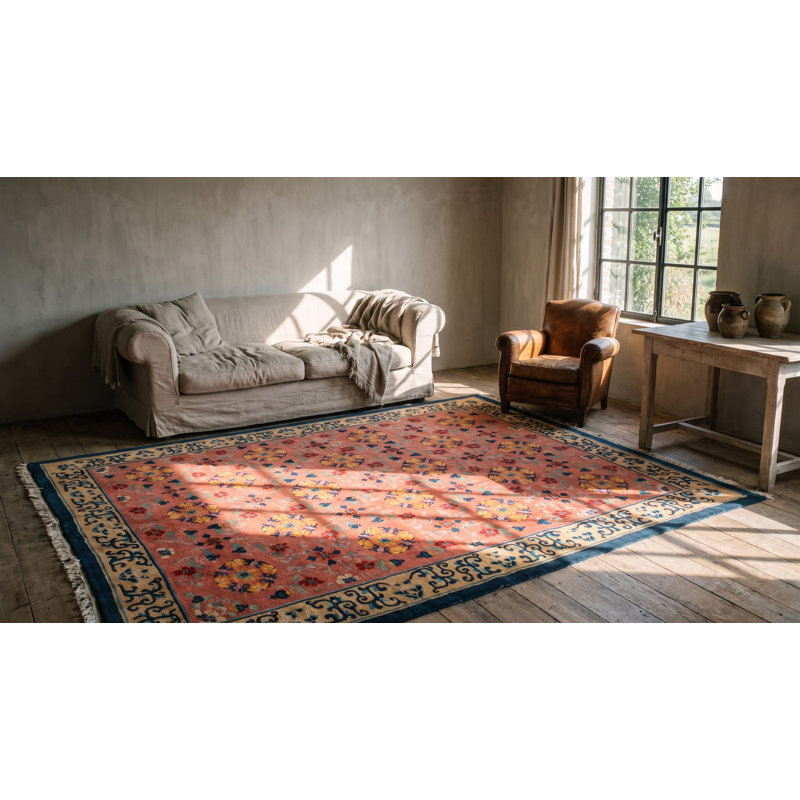 Antique Chinese Wool Pile Room Size Floral Pomegranate Design Pink Art Deco Rug