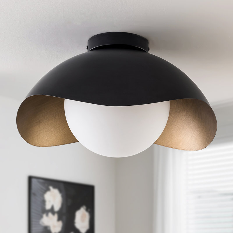 15.5" 1-Light Modern Globe ETL Flush Mount Ceiling Light With Opal Glass, Matte Black & Gold Interior Shell-Style Dimmable  Shade For Hallway