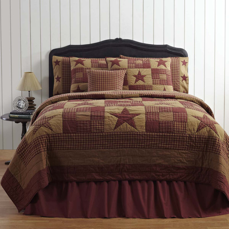 Ninepatch Star Cotton Reversible Farmhouse / Country Quilt, King Quilt
