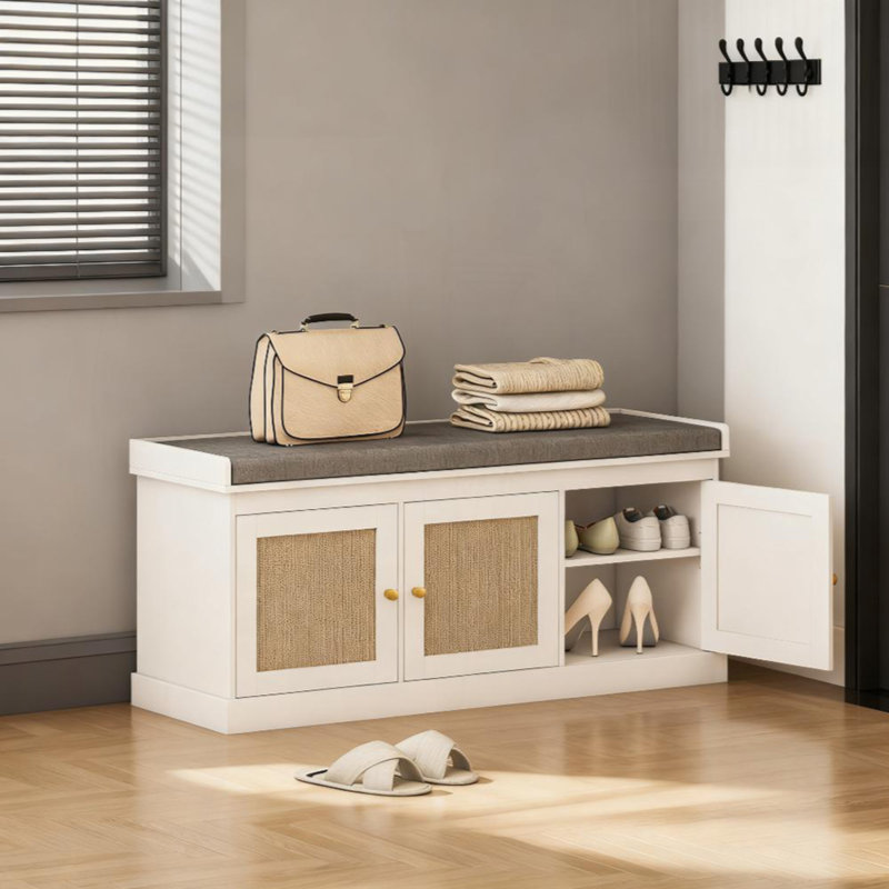 Banc de rangement pour chaussures avec portes en rotin tissé, banc de chaussures avec coussin, Gris / Blanc