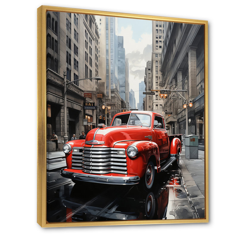 Camionnette rouge Laphonso Cityscape Hauler IV - impression, Cadre flottant doré, H 32 po x l 16 po x P 1 po