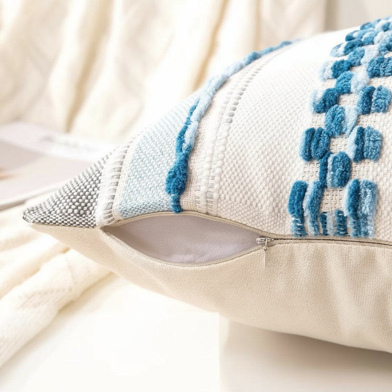 Sky Blue Neutral Tone Striped Square Chenille Pillow Covers, 2 Pack Boho Farmhouse Decorative Cushion Covers For Sofa And Bed