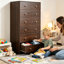 Commode haute à 7 tiroirs brun foncé, meuble vertical en bois avec poignées dorées, meuble de rangement pour vêtements sur pied pour chambre à coucher