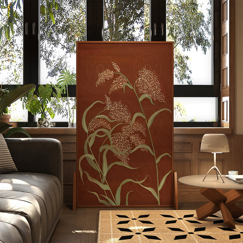 Cloison simple 1 panneau brun + toile verte + bois manufacturé, H 70,87 po x l 39,37 po x P 11,81 po, Brun / vert / beige