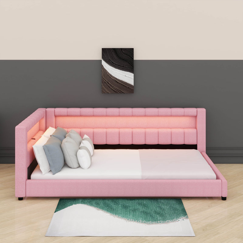 Upholstered Daybed With Storage Headboard, Charging Station & LED Belt, L-Shaped Corner Bed, Full XL, Pink