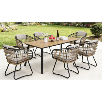 Outdoor 7 Dining With Wood Table And Furniture, Handwoven , Rustproof Black Steel, Comfortable Removable Cushions, Ideal For Weekend Meals Brunches