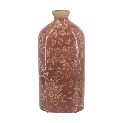 6.7X3.7X14.5" Red Ceramic Accent Vase With Floral Motif