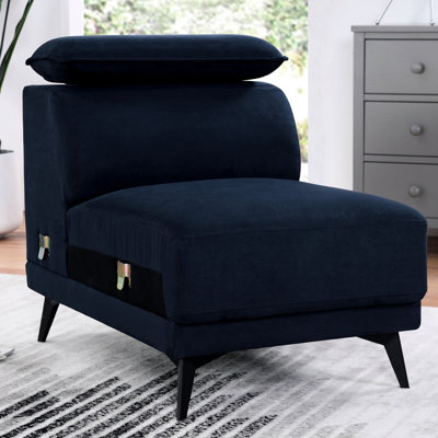 Fauteuil bleu marine contemporain avec assise rembourrée, dossier ferme et réglable, pieds en métal.