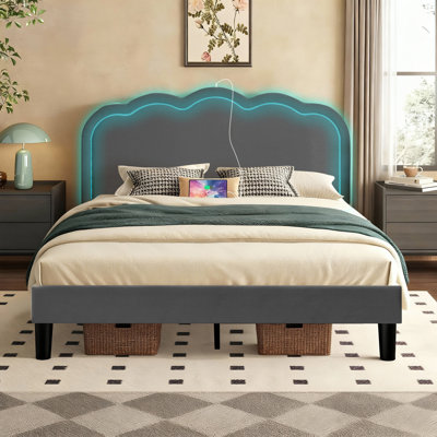 Queen Size Bed Frame with LED Light and Charging Station, Platform Bed with Upholstered Headboard, No Box Spring Needed