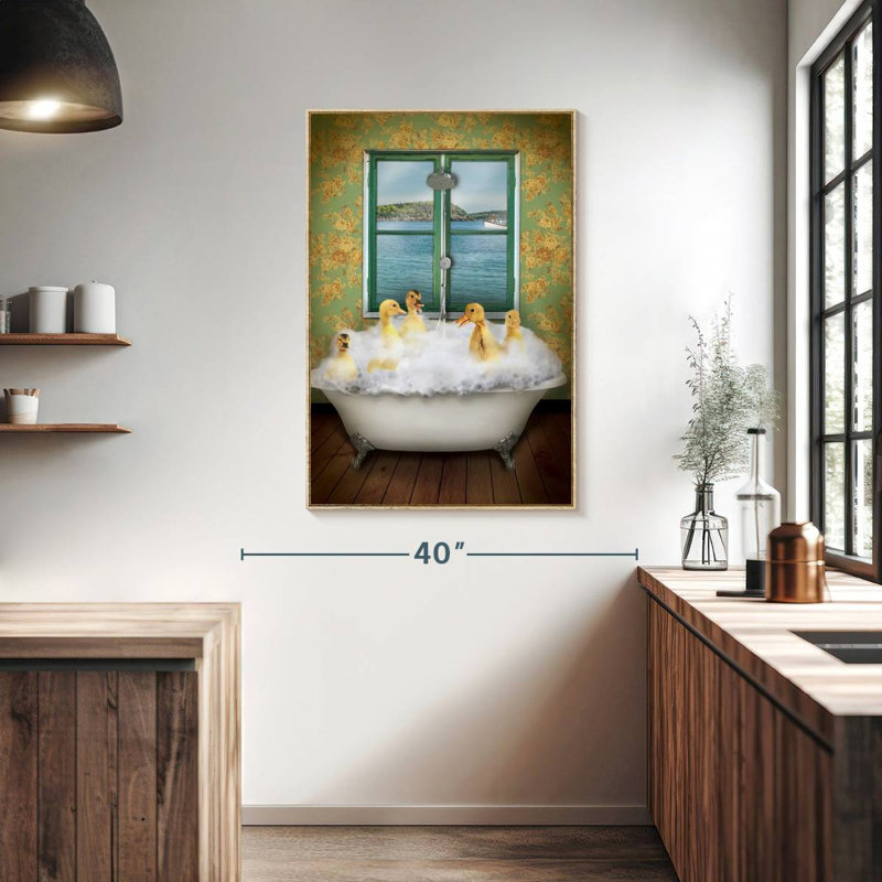 Ducks In Bath Tub, Floating Frame Natural Wood, 27" x 40"