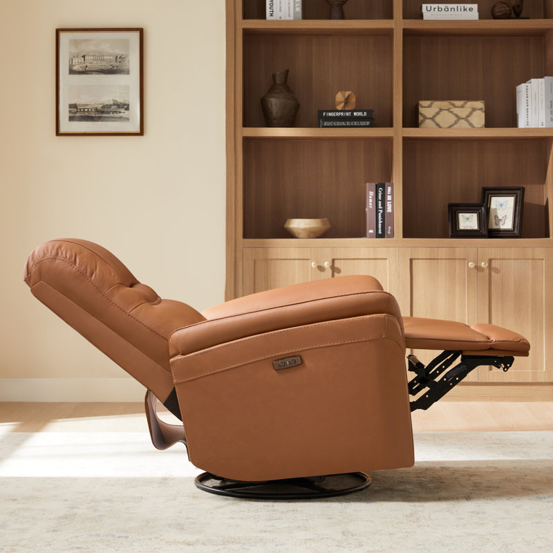 Martina Genuine Leather Swivel Gliding Power Recliner, Brown