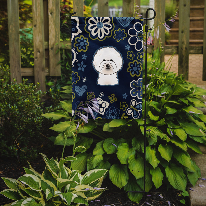 Terrier en fleurs à 2 côtés en polyester 15 x 11,5 po drapeau de jardin, Frisé bichon (bleu)