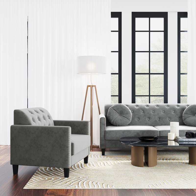 Élégant fauteuil d'appoint en velours capitonné avec garniture cloutée, Velours gris foncé