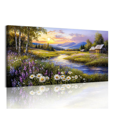 Grandes impressions murales, paysage mural de campagne, peinture sur toile Meadow Wildflower, rivière, maison de campagne, salon, chambre à coucher, décor de ferme de paysage vert 20 po x 40 po