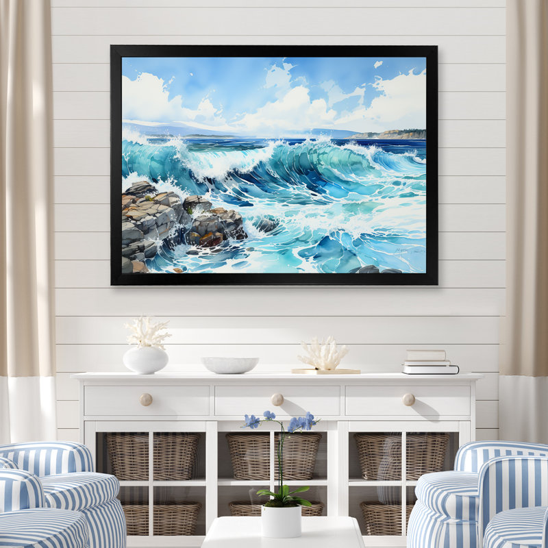 Océan bleu en mouvement, impression sur toile, Cadre simple noir, H 34 po x l 44 po x P 1,5 po